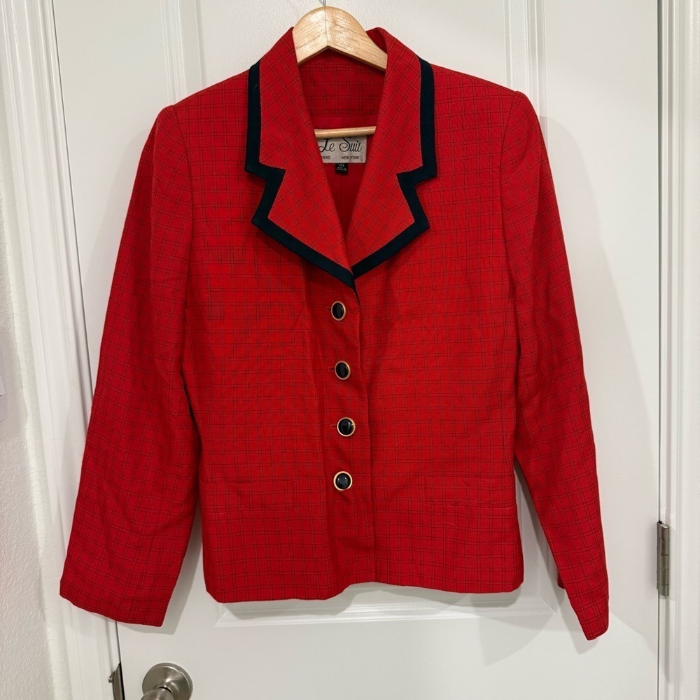 Le Suit Red and Black Plaid Blazer Size 10 Classic ViTG  80s 90a Classic Office